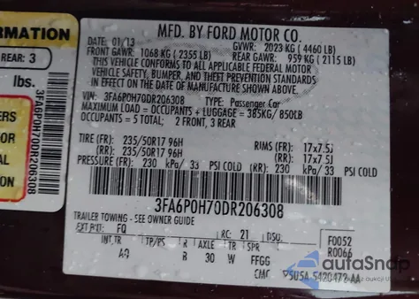 2013 Ford Fusion Se из США, поврежденный, VIN 3FA6P0H70DR206308